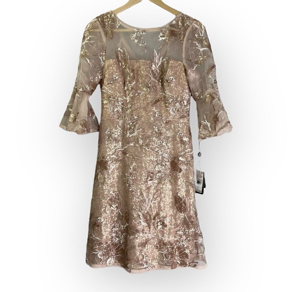 Adrianna Papell Joyful Blush Metallic Bell Sleeve Dress Sequined Embroidered